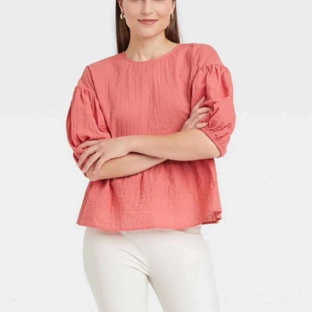 A New Day Women'S Puff 3/4 Sleeve Top - Coral